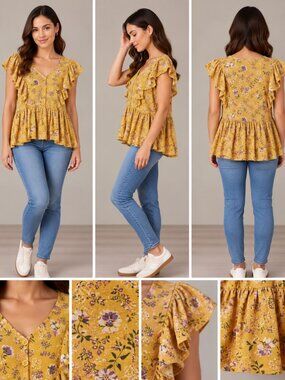 Melloday Yellow Floral V-Neck Flutter Sleeve Peplum Blouse S